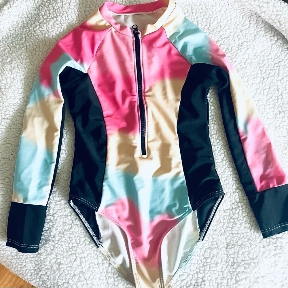 Girls' Long Sleeve Tie-Dye Swimming Suit - Size M (8/9)
